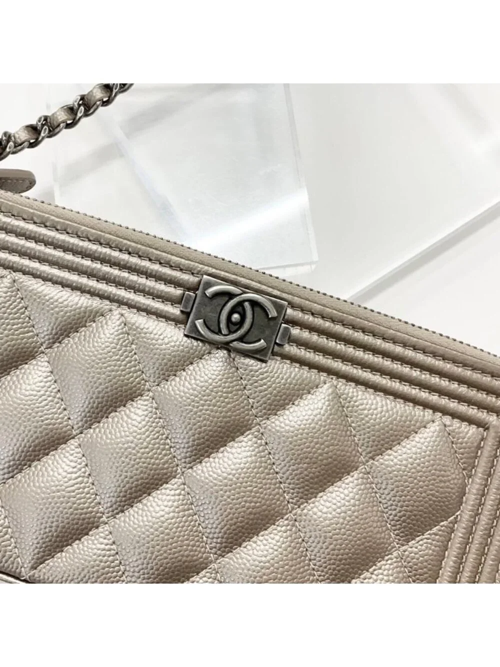 Chanel Caviar Leather CC Logo Boy Chain Wallet Shoulder